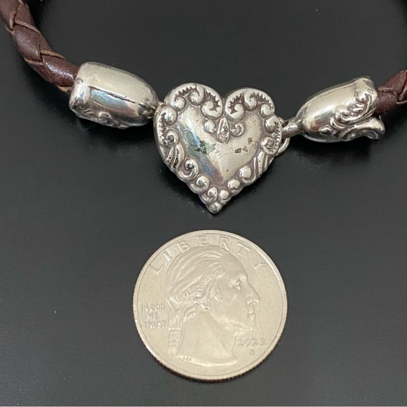 Retired BRIGHTON Cupid’s Bandit Silver Heart Brown Braided Leather Bracelet 26g - Picture 4 of 13